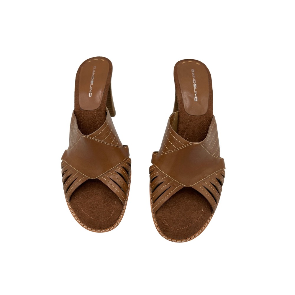 Bandolino Women's Mules Heels Brown Leather Open Toe Slip On Sandal Size 9M